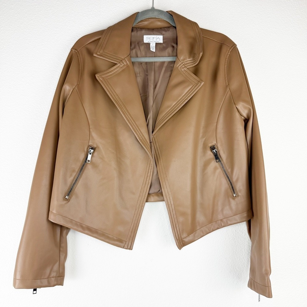 Sofia Jeans by Sofia Vergara Tan Faux Leather Moto Jacket Cropped Brown Large